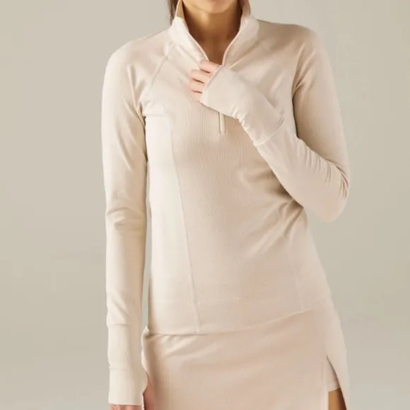 Beyond Yoga 1673 Heather Rib Take A Hike Zip Pullover in Cream Heather.