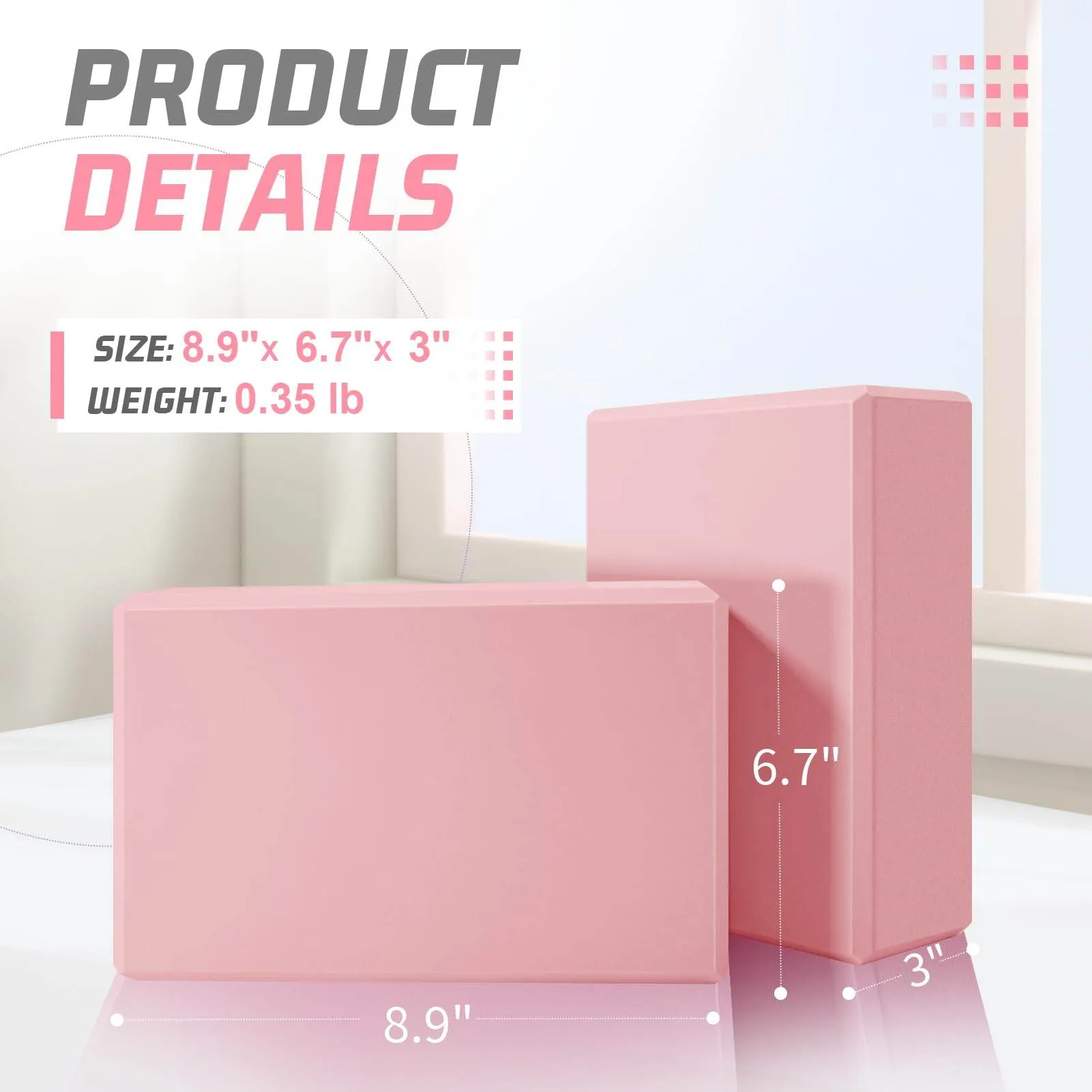 Biguphate Yoga Blocks 2 Pack, EVA Foam Yoga Block Supportive Latex-Free, Non-Slip Exercise Blocks, Yoga Accessories for Pilates, Meditation, Balance, Stretching and Deep Poses (Pink)