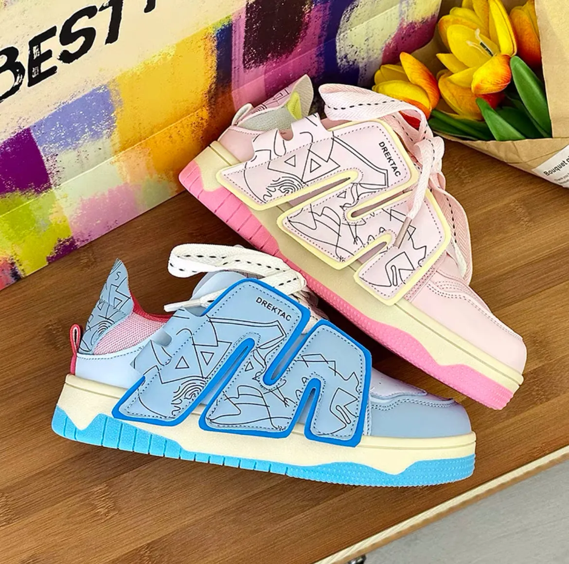 Corry Flat Patchwork Design Neon Flat Air Sneakers