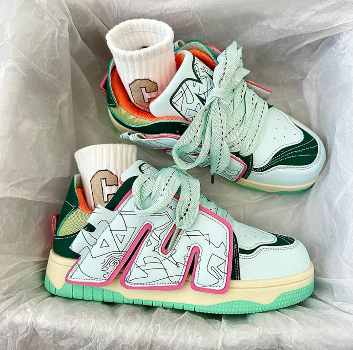 Corry Flat Patchwork Design Neon Flat Air Sneakers