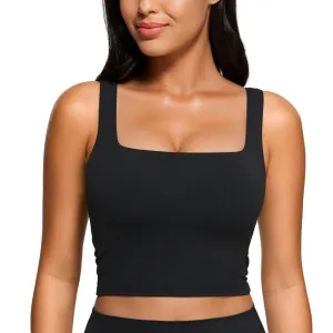 CRZ YOGA Butterluxe Womens Square Neck Longline Sports Bra - Workout Crop Tank Tops Padded with Built in Shelf Yoga Bra Black Medium