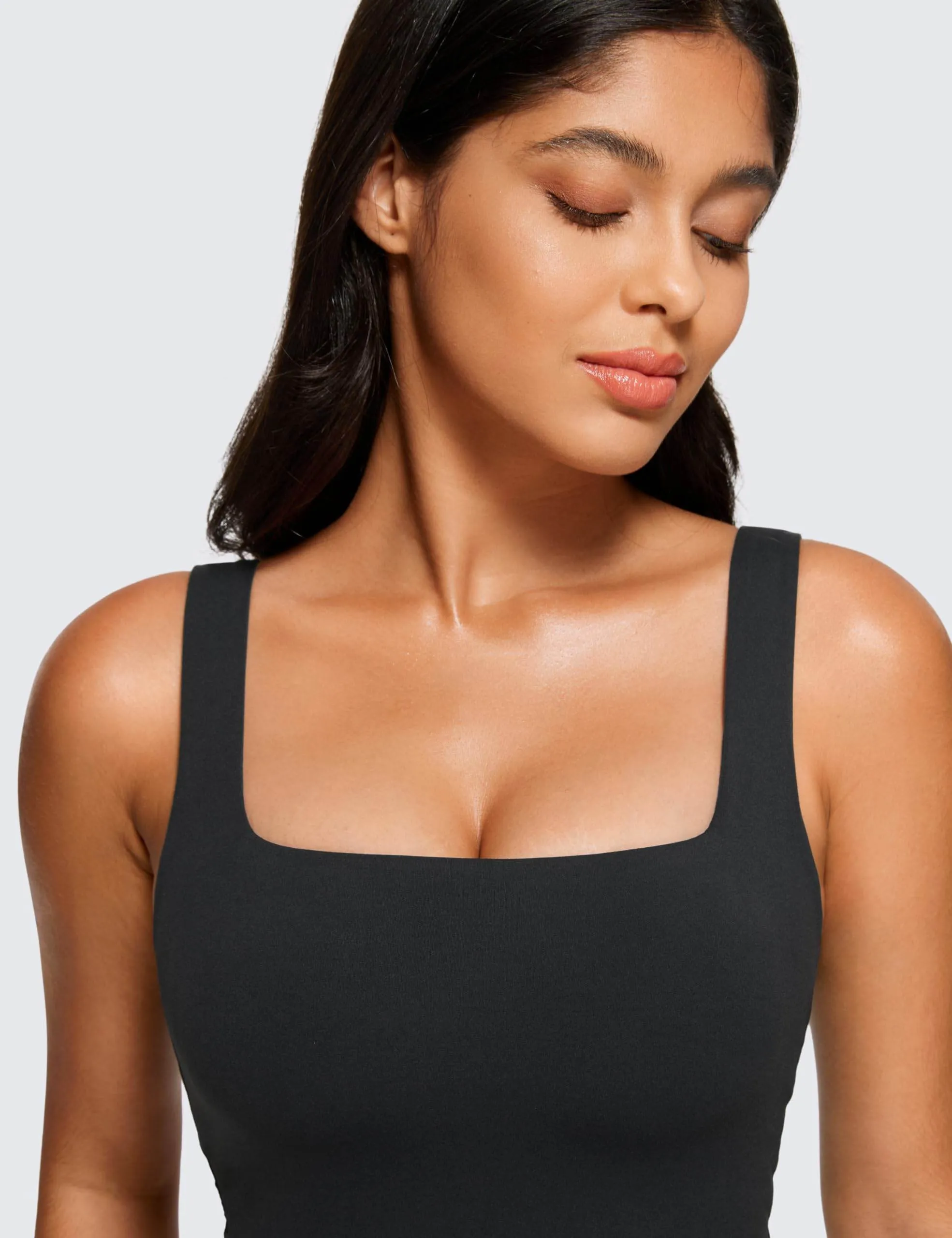 CRZ YOGA Butterluxe Womens Square Neck Longline Sports Bra - Workout Crop Tank Tops Padded with Built in Shelf Yoga Bra Black Medium