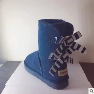 Double bow 2021 tube snow boots women's shoes scrub leather thickening non-slip warm warm foam foam tendon