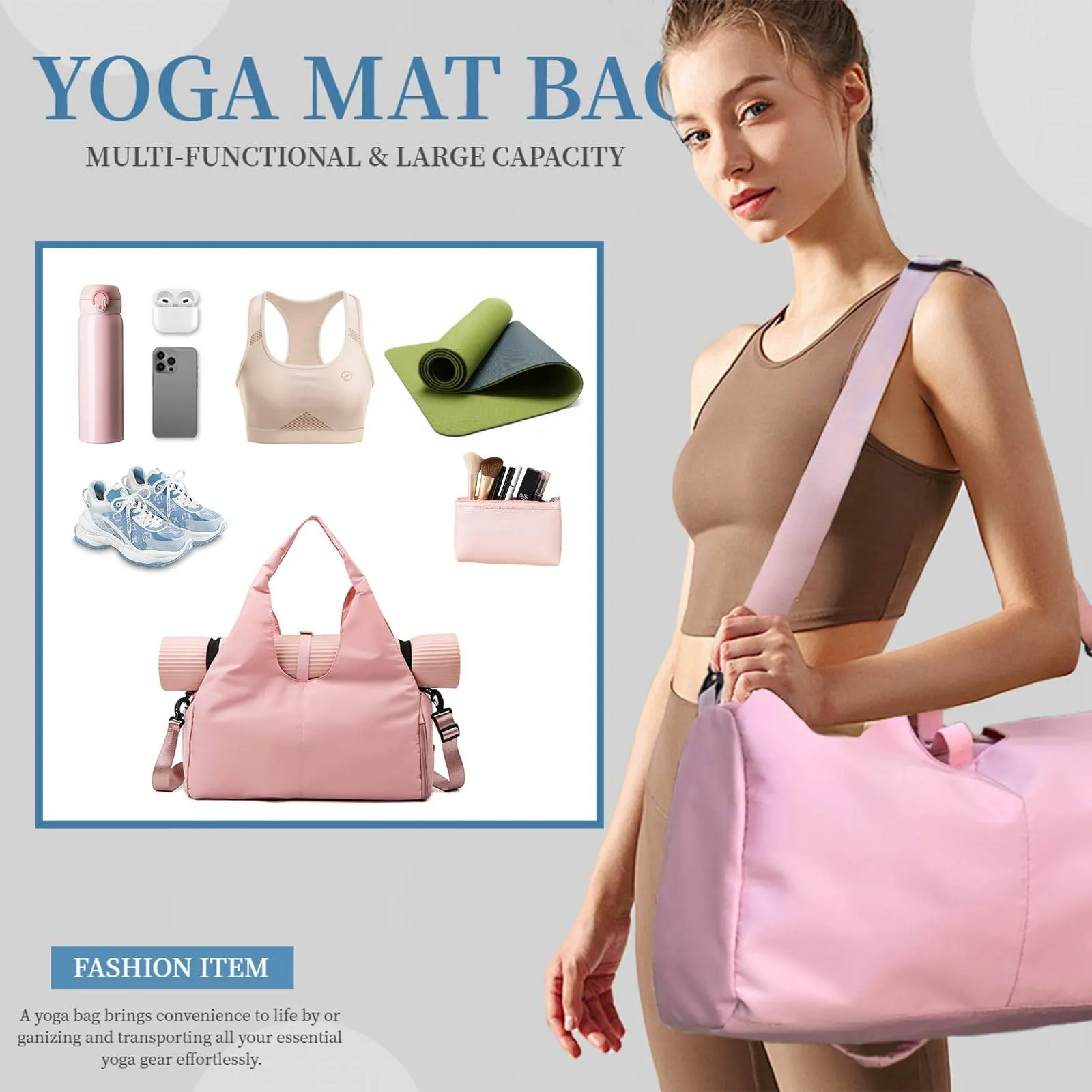 FULONEEI Yoga Mat Bag, Sport yoga Gym Bag for women, Lightweight yoga mat bag carrier with Yoga Strap, Carryall Yoga Tote Bag (Pink)