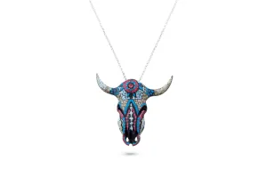 Hand Carved & Painted Steer Skull Pendant - Aztec God of Medicine