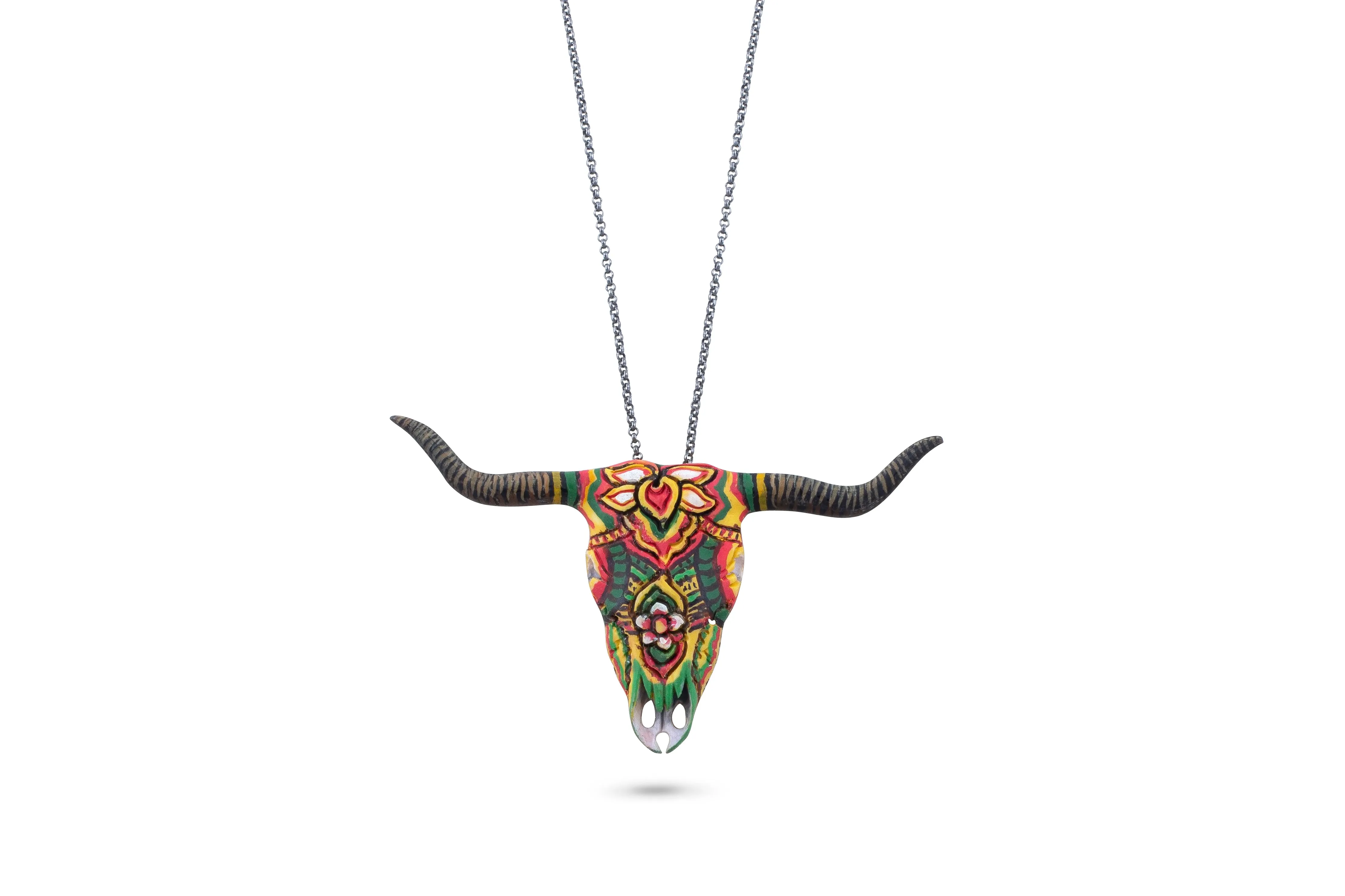 Hand carved & Painted Steer Skull Pendant - Zuni Fire God