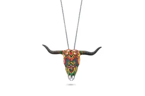 Hand carved & Painted Steer Skull Pendant - Zuni Fire God