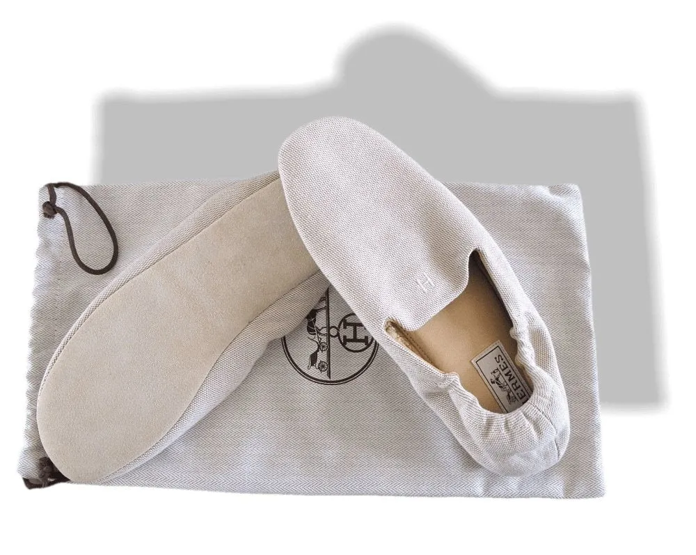 Hermes Natural Women Canvas and Leather Slippers Shoes H Sz39 New!