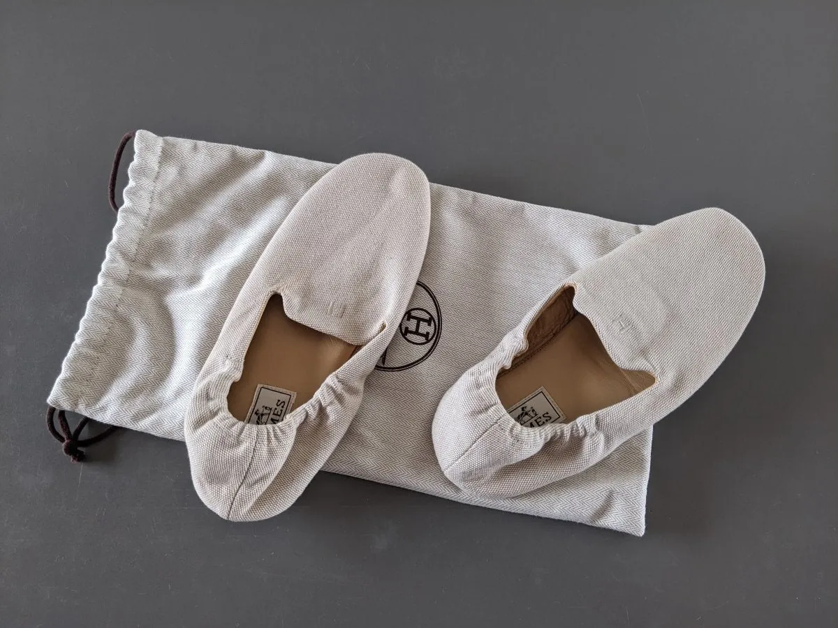 Hermes Natural Women Canvas and Leather Slippers Shoes H Sz39 New!
