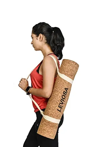 LEVIOSA Cork Yoga Mat with Carry Strap (5mm, Brown)