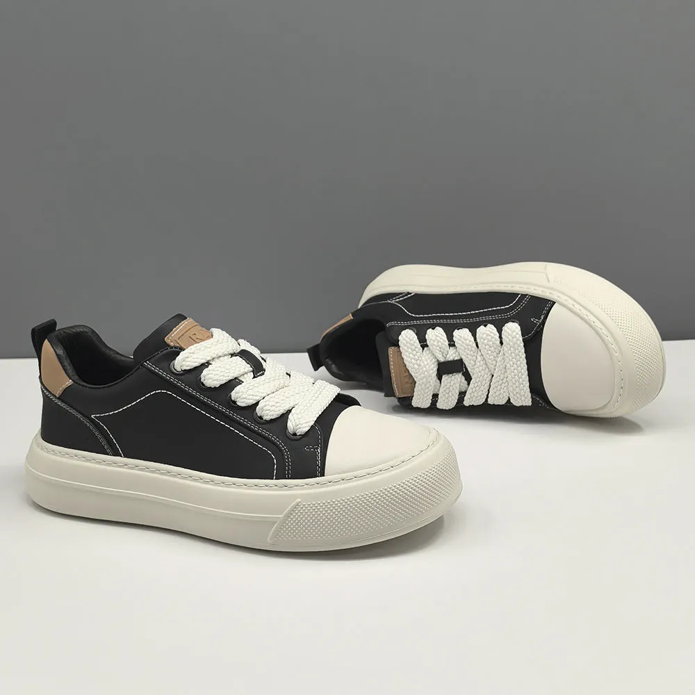 Men Fashion Plain Leather Flat Casual Skate Shoes
