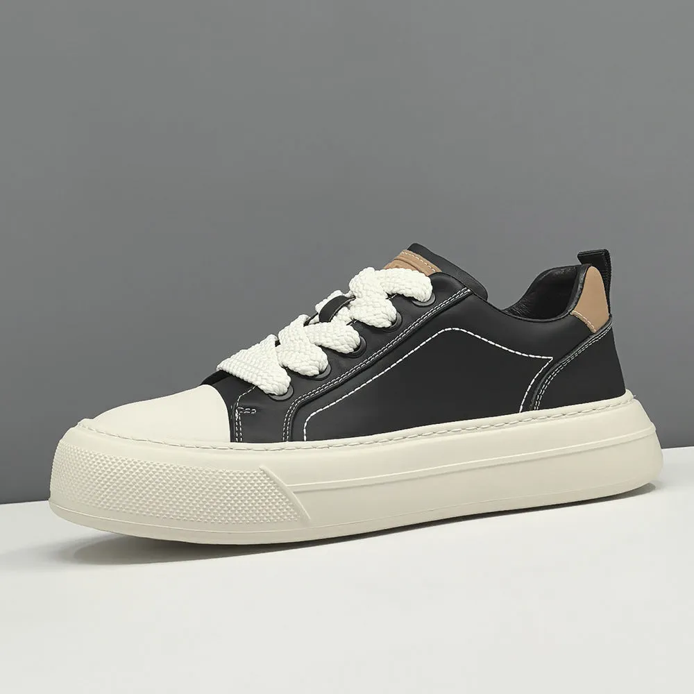 Men Fashion Plain Leather Flat Casual Skate Shoes
