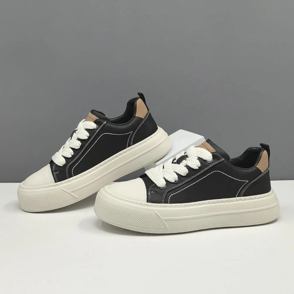 Men Fashion Plain Leather Flat Casual Skate Shoes