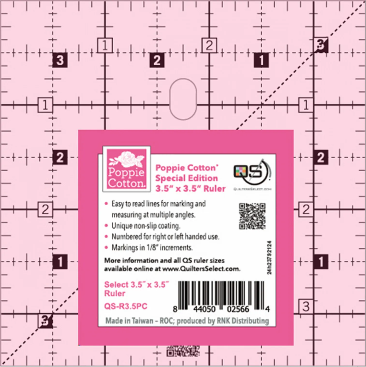 Quilter's Select Pink Poppie Cotton Non-Slip Ruler 3-1/2in x 3-1/2in