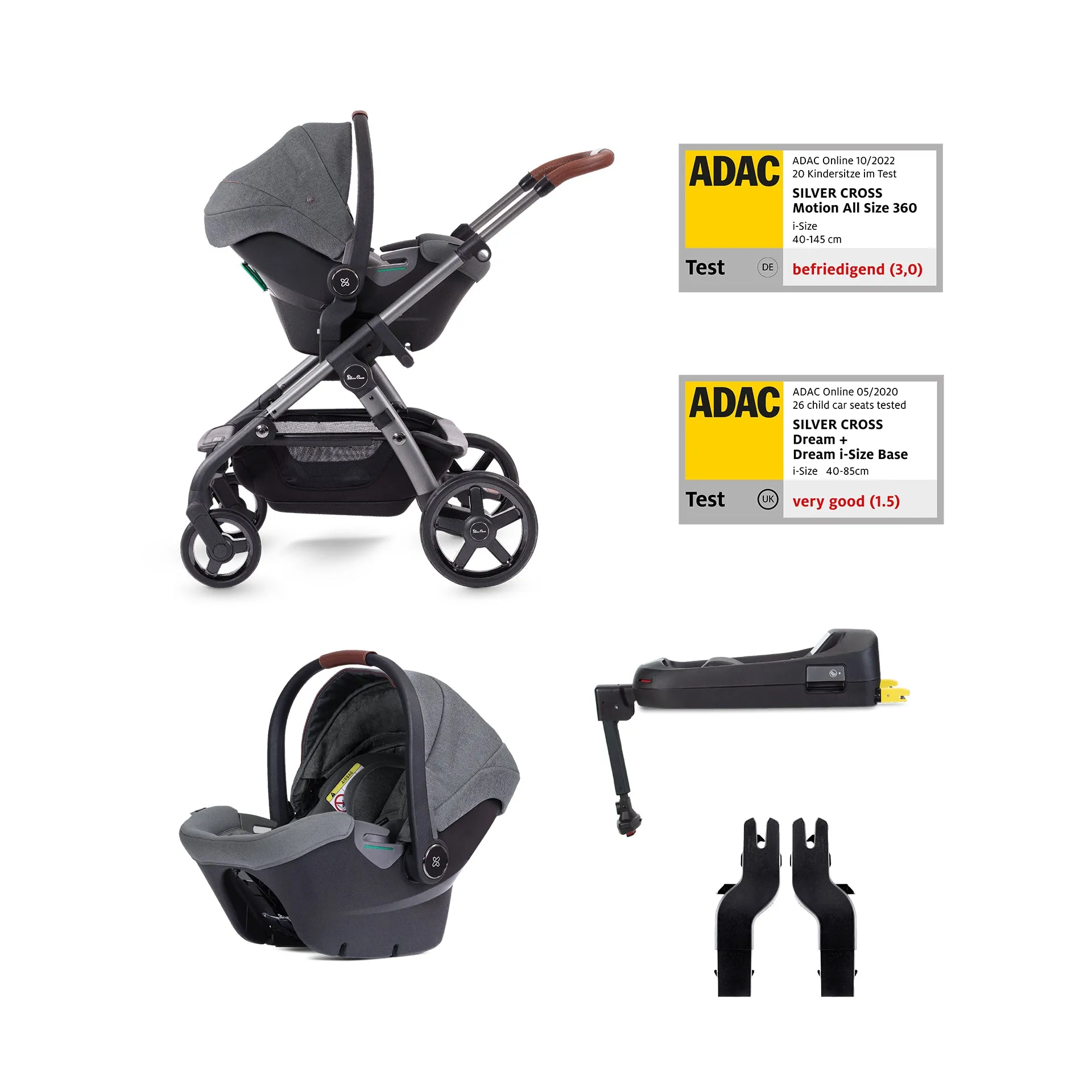 Silver Cross Wave 3 Single to Double Travel System with Dream Car Seat and Motion 2 360 Car Seat - Onyx