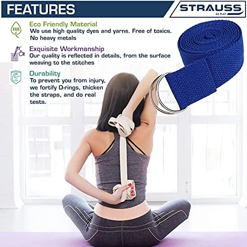 Strauss Yoga Block Pair, (Blue/Grey) With Yoga Belt