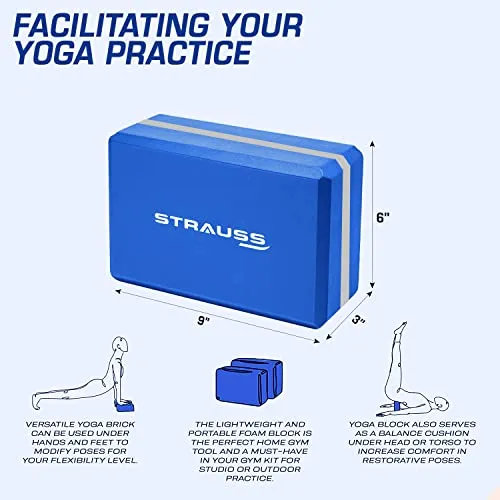 Strauss Yoga Block Pair, (Blue/Grey) With Yoga Belt