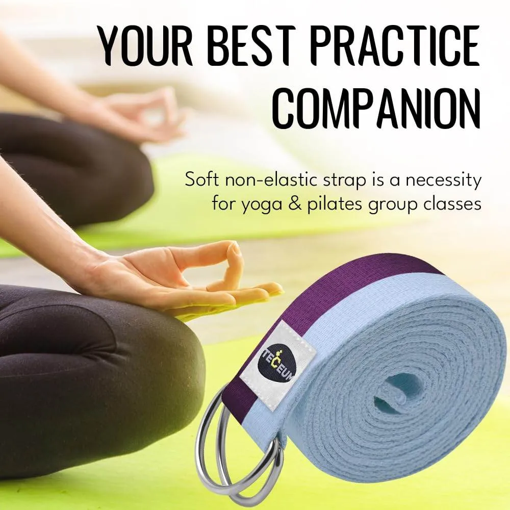 TECEUM [New 2022] Yoga Strap – 100% Cotton – 6 ft 8 ft 10 ft (6  Colors) – Adjustable Non-Slip Belt for Daily Yoga, Pilates, Stretching, Physical Therapy, Fitness & Home Workout – for All Levels