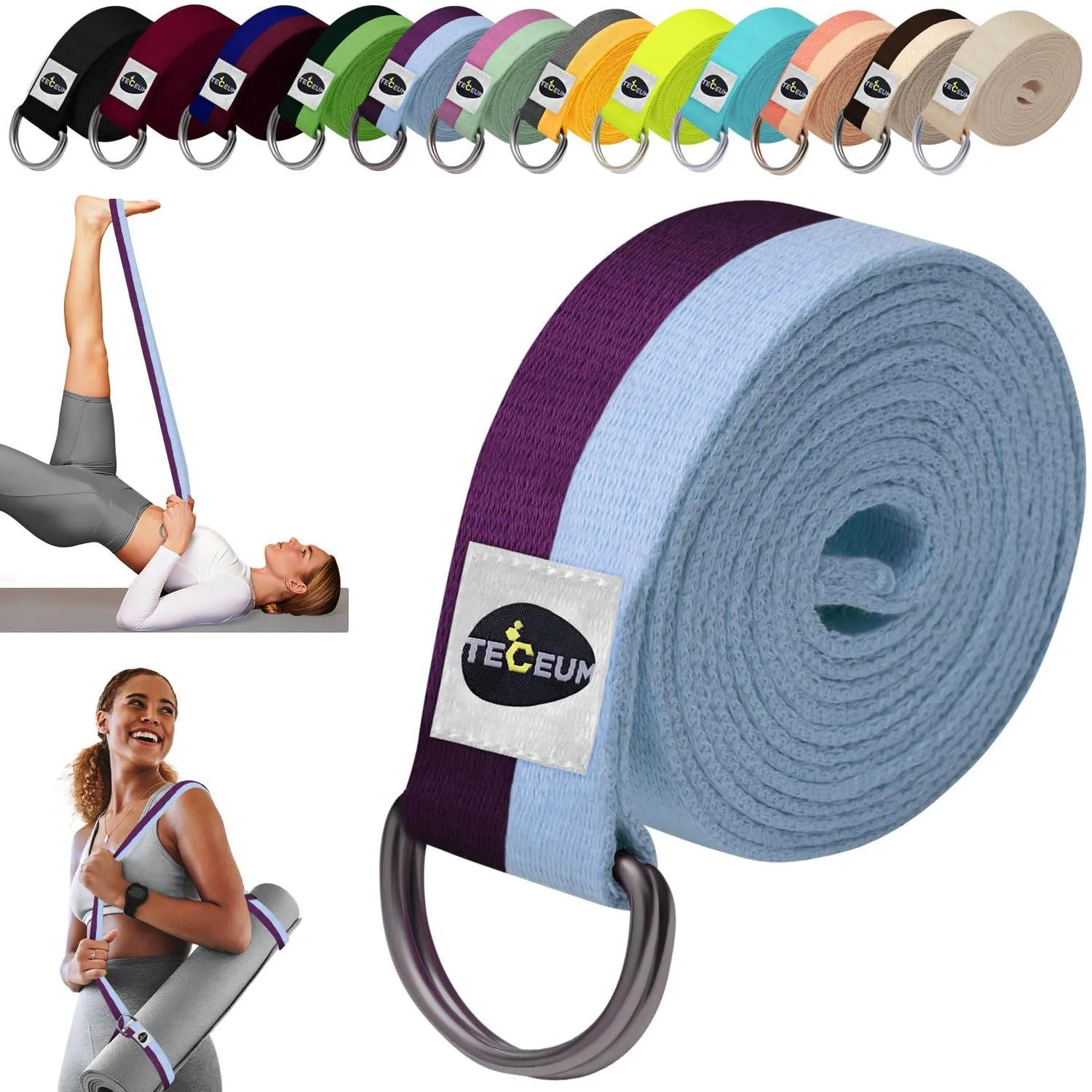 TECEUM [New 2022] Yoga Strap – 100% Cotton – 6 ft 8 ft 10 ft (6  Colors) – Adjustable Non-Slip Belt for Daily Yoga, Pilates, Stretching, Physical Therapy, Fitness & Home Workout – for All Levels