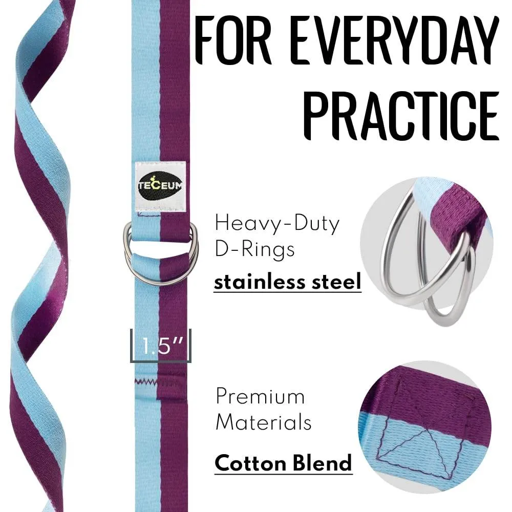 TECEUM [New 2022] Yoga Strap – 100% Cotton – 6 ft 8 ft 10 ft (6  Colors) – Adjustable Non-Slip Belt for Daily Yoga, Pilates, Stretching, Physical Therapy, Fitness & Home Workout – for All Levels