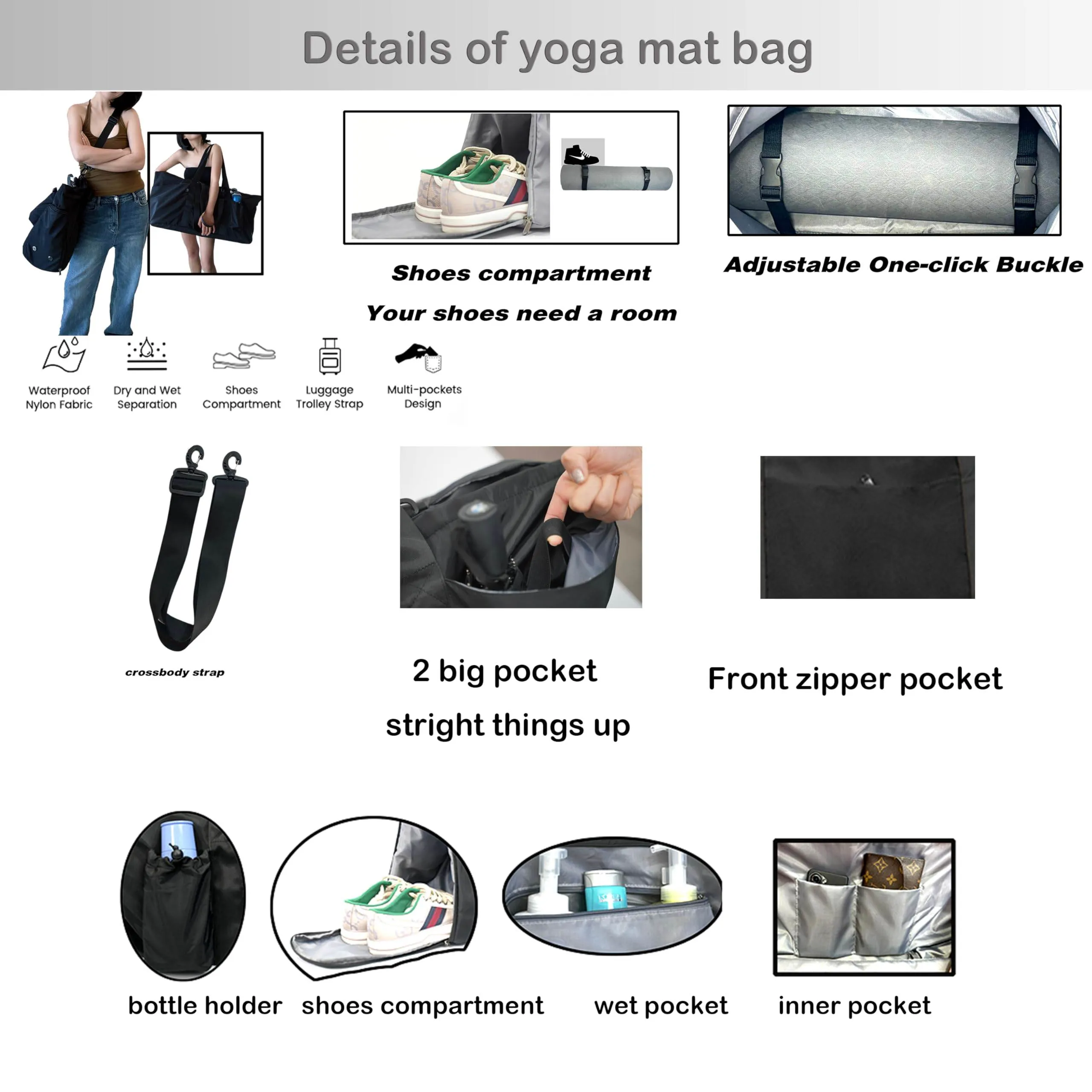 Uhawi Yoga Mat Bag with Shoes compartment & Wet Compartment & shoulder bag &crossbody yoga bag large yoga bag with Yoga Mat Holder Yoga Bag with Adjustable Mat Strap for Women Men (black)