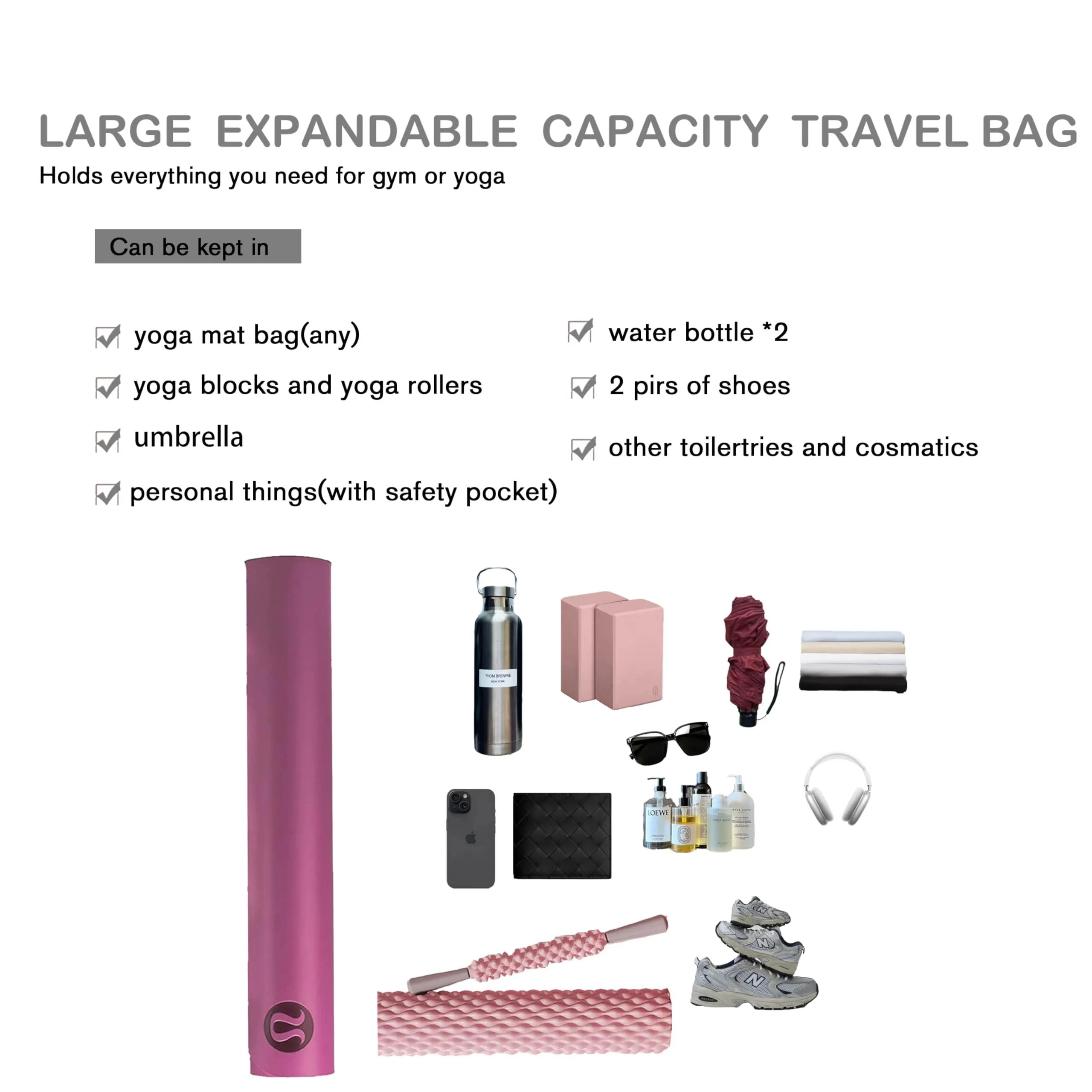 Uhawi Yoga Mat Bag with Shoes compartment & Wet Compartment & shoulder bag &crossbody yoga bag large yoga bag with Yoga Mat Holder Yoga Bag with Adjustable Mat Strap for Women Men (black)