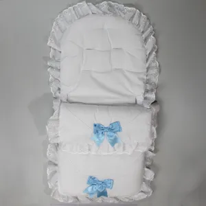Universal Footmuff / Cosy Toes - White with Blue Satin Bows
