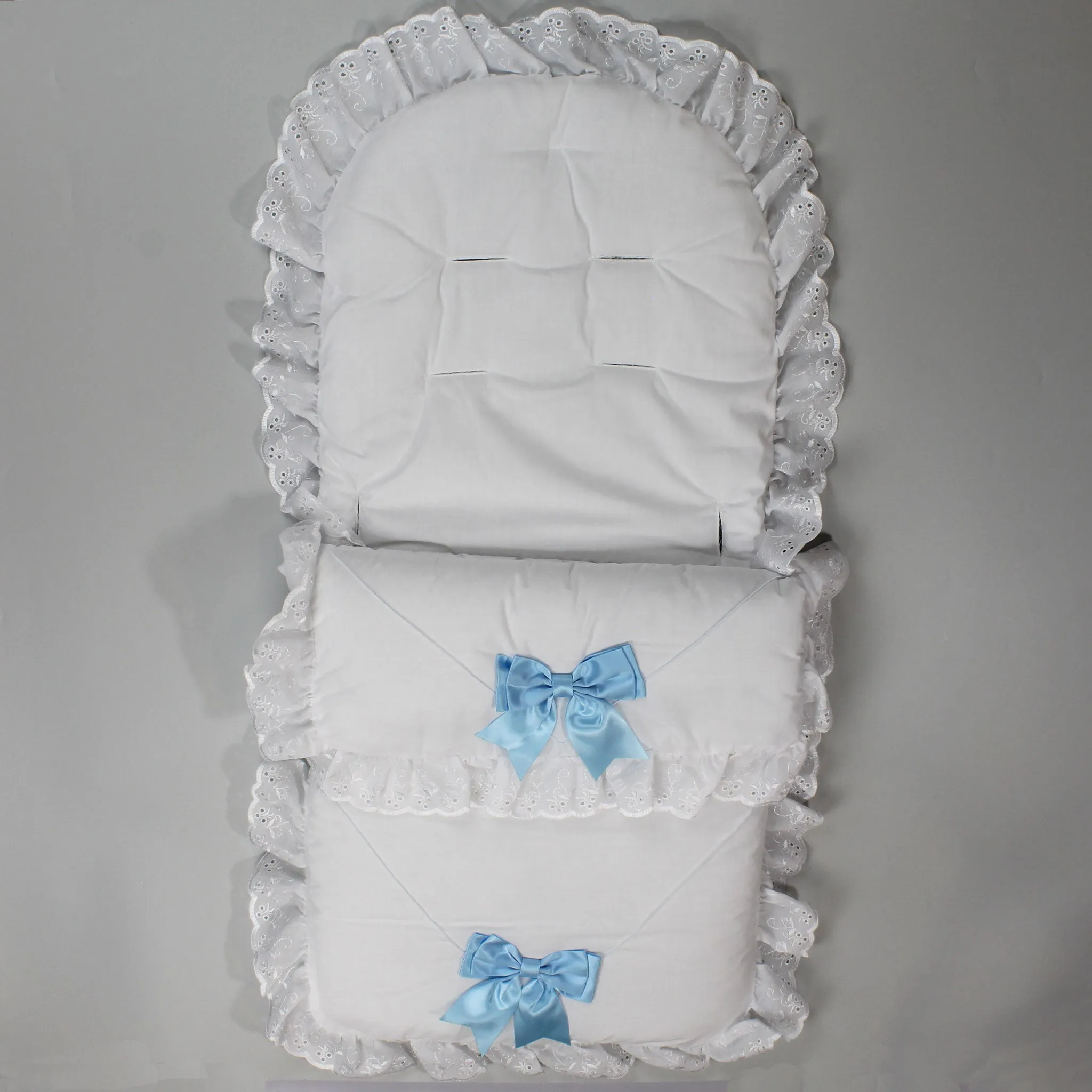 Universal Footmuff / Cosy Toes - White with Blue Satin Bows