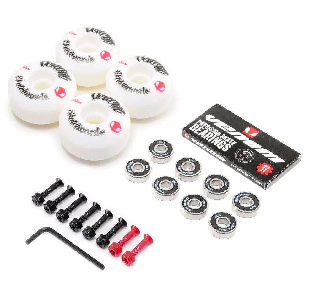 Venom Skateboards Logo White Skateboard Wheels & Venom ABEC 11 Bearings Pack   Bolts!