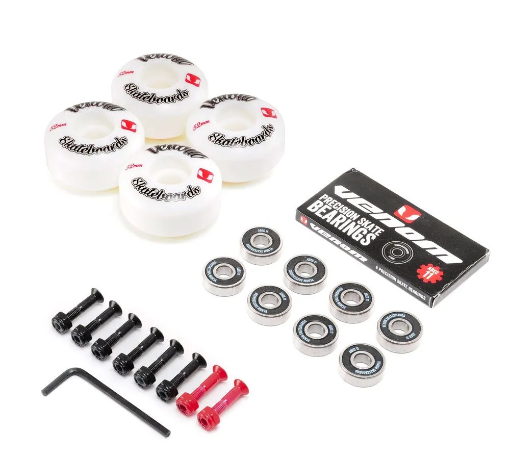 Venom Skateboards Logo White Skateboard Wheels & Venom ABEC 11 Bearings Pack   Bolts!