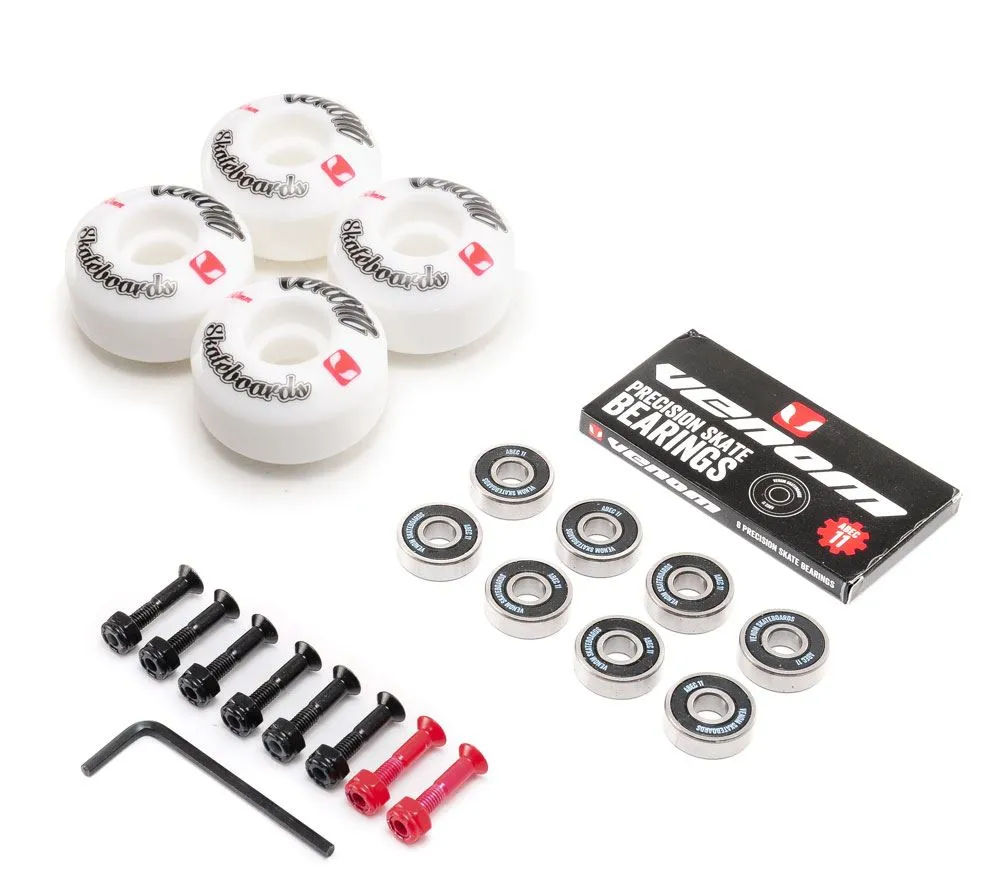 Venom Skateboards Logo White Skateboard Wheels & Venom ABEC 11 Bearings Pack   Bolts!