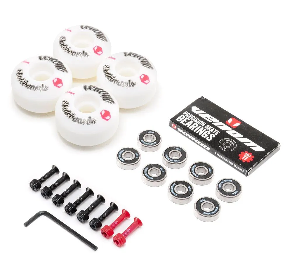 Venom Skateboards Logo White Skateboard Wheels & Venom ABEC 11 Bearings Pack   Bolts!
