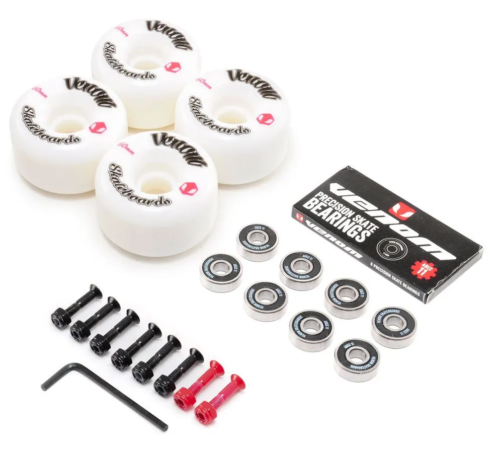 Venom Skateboards Logo White Skateboard Wheels & Venom ABEC 11 Bearings Pack   Bolts!
