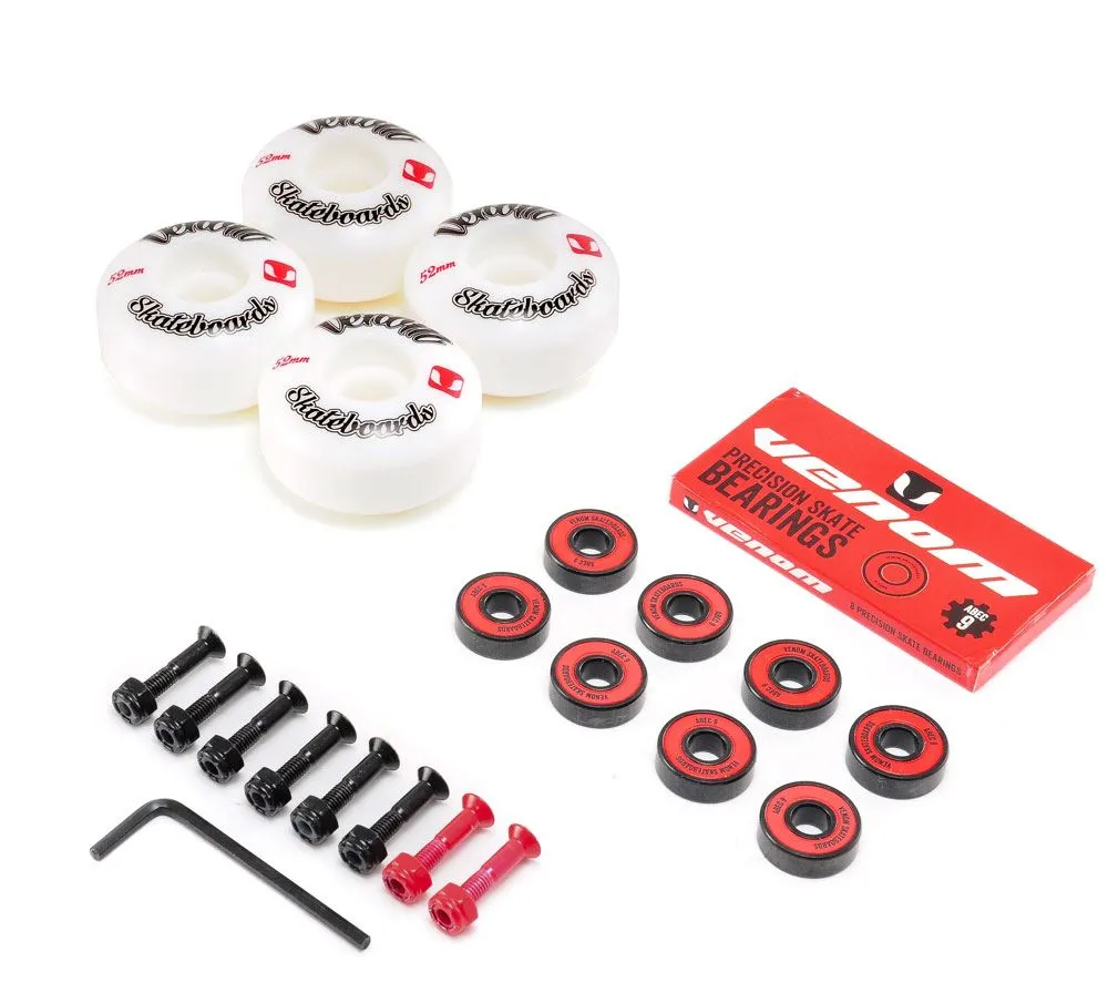Venom Skateboards Logo White Skateboard Wheels & Venom ABEC 9 Bearings Pack   Bolts!