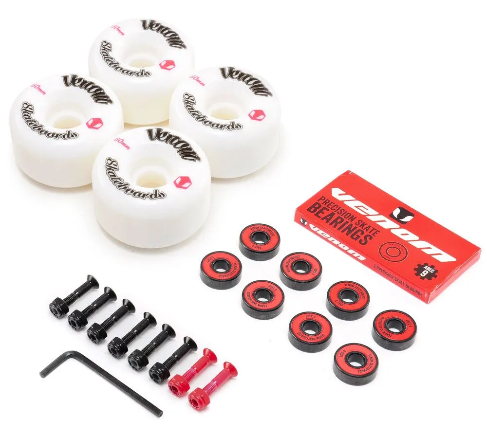 Venom Skateboards Logo White Skateboard Wheels & Venom ABEC 9 Bearings Pack   Bolts!