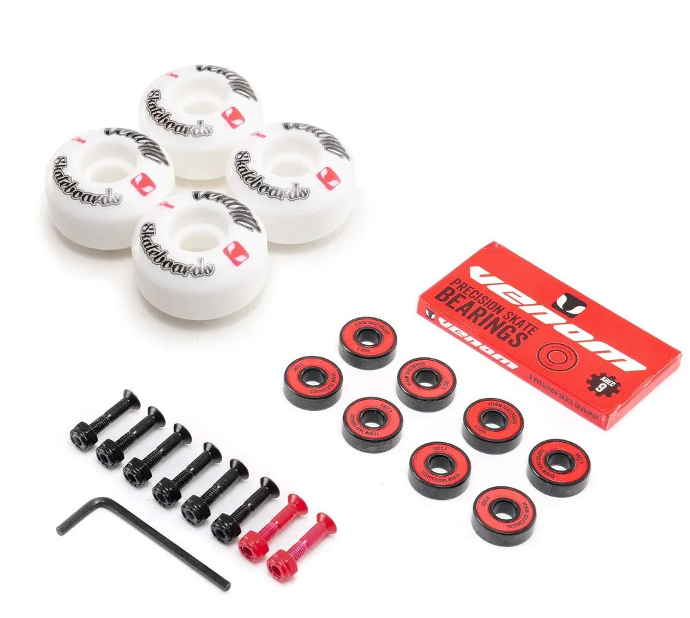 Venom Skateboards Logo White Skateboard Wheels & Venom ABEC 9 Bearings Pack   Bolts!