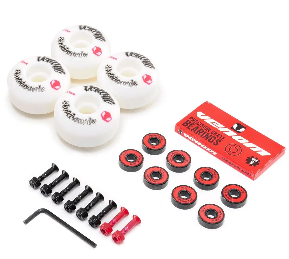 Venom Skateboards Logo White Skateboard Wheels & Venom ABEC 9 Bearings Pack   Bolts!