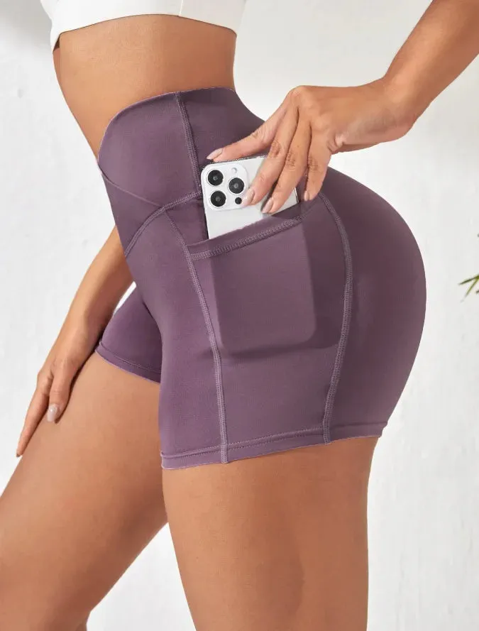 Women High Waist Yoga Sport Biker Shorts for Fitness Cross Waist Pocket