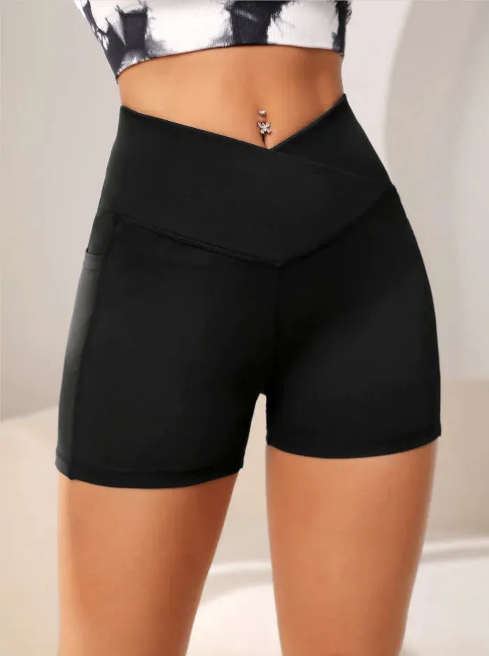 Women High Waist Yoga Sport Biker Shorts for Fitness Cross Waist Pocket