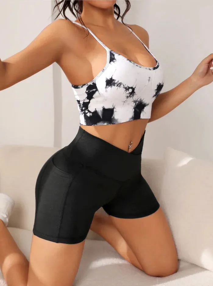 Women High Waist Yoga Sport Biker Shorts for Fitness Cross Waist Pocket