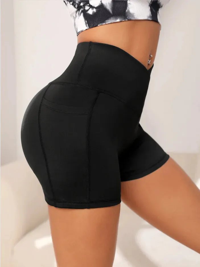 Women High Waist Yoga Sport Biker Shorts for Fitness Cross Waist Pocket