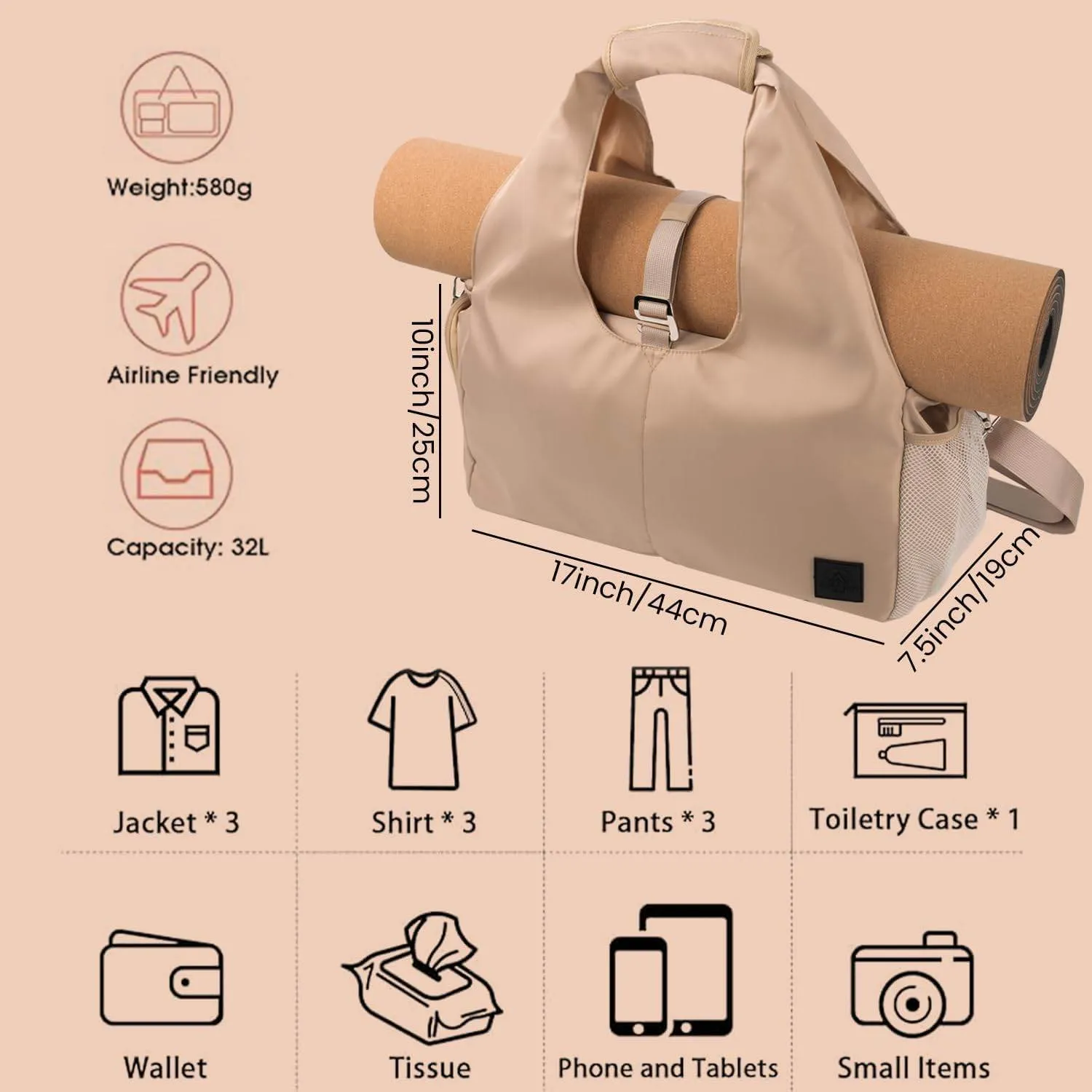 Yoga Bags for Women with Yoga Mat Bags Carrier Carryall Polyester Tote Bag for Pilates Shoulder for Travel Office Beach Workout
