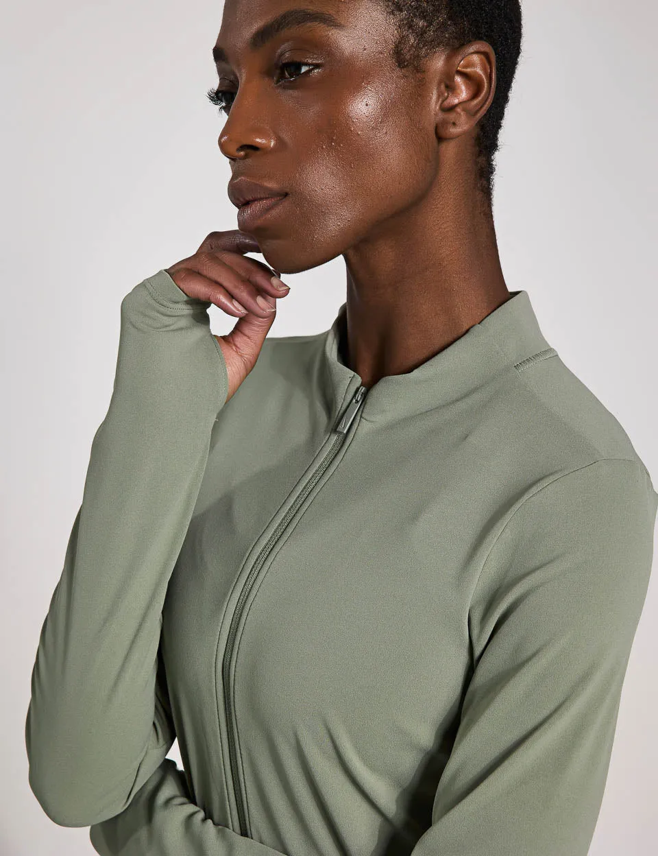 Zenvy Full-Zip Long-Sleeve Top - Light Army/White